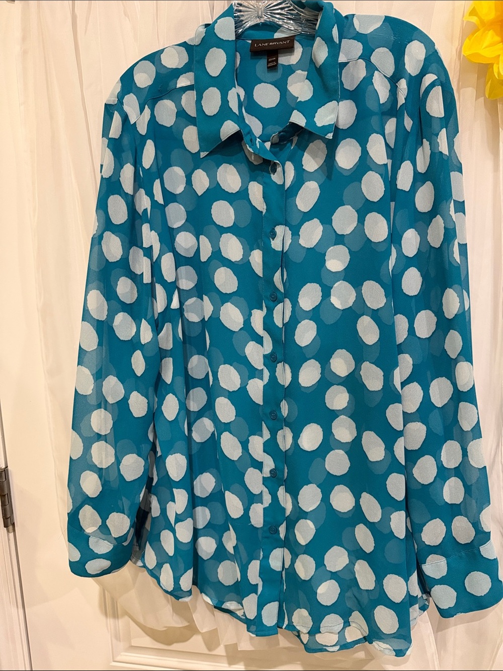 Lane Bryant Teal and White Polka Dot Button-Down Blouse